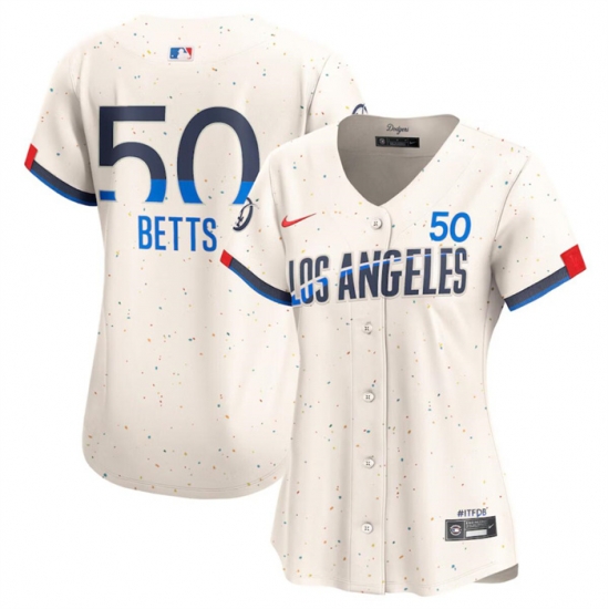 Women Los Angeles Dodgers 50 Mookie Betts Cream 2024 City Connect Limited Stitched Jersey Women Los Angeles Dodgers 50 Mookie Betts Cream 2024 City Connect Limited Stitched Jersey
