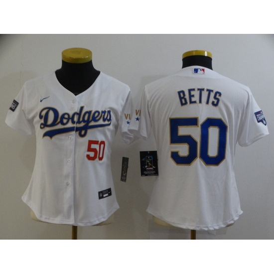 Women Los Angeles Dodgers 50 Mookie Betts White Gold Championship Cool Base Stitched Jersey Women Los Angeles Dodgers 50 Mookie Betts White Gold Championship Cool Base Stitched Jersey