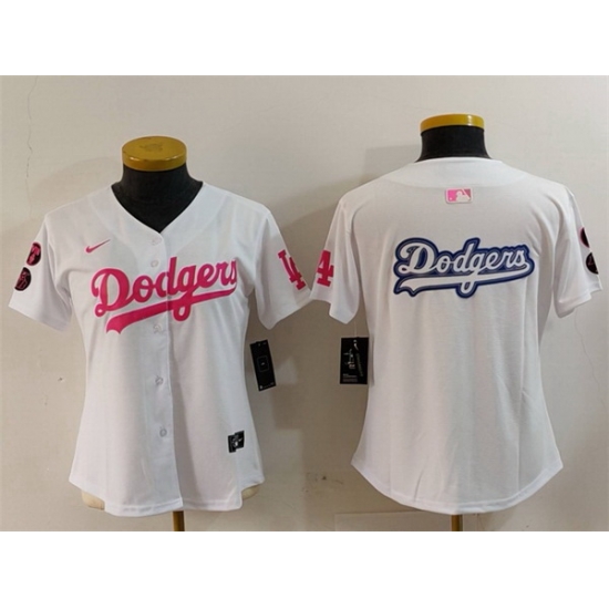 Women Los Angeles Dodgers Team Big Logo White Pink Vin 26 Kobe Patch Stitched Baseball Jersey 1 Women Los Angeles Dodgers Team Big Logo White Pink Vin 26 Kobe Patch Stitched Baseball Jersey 1