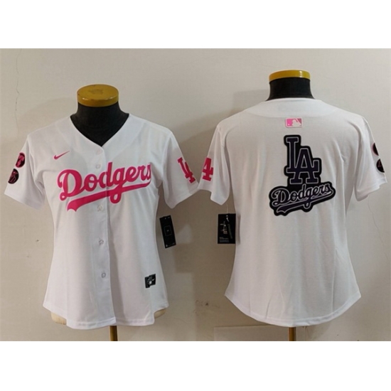 Women Los Angeles Dodgers Team Big Logo White Pink Vin 26 Kobe Patch Stitched Baseball Jersey 2 Women Los Angeles Dodgers Team Big Logo White Pink Vin 26 Kobe Patch Stitched Baseball Jersey 2