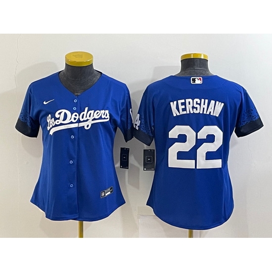 Women's Los Angeles Dodgers #22 Clayton Kershaw Blue 2021 City Connect Cool Base Stitched Jersey Women's Los Angeles Dodgers #22 Clayton Kershaw Blue 2021 City Connect Cool Base Stitched Jersey