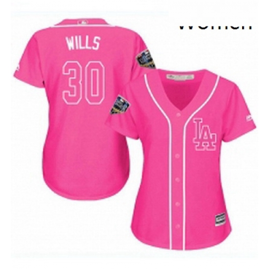 Womens Majestic Los Angeles Dodgers 30 Maury Wills Authentic Pink Fashion Cool Base 2018 World Series MLB Jersey Womens Majestic Los Angeles Dodgers 30 Maury Wills Authentic Pink Fashion Cool Base 2018 World Series MLB Jersey