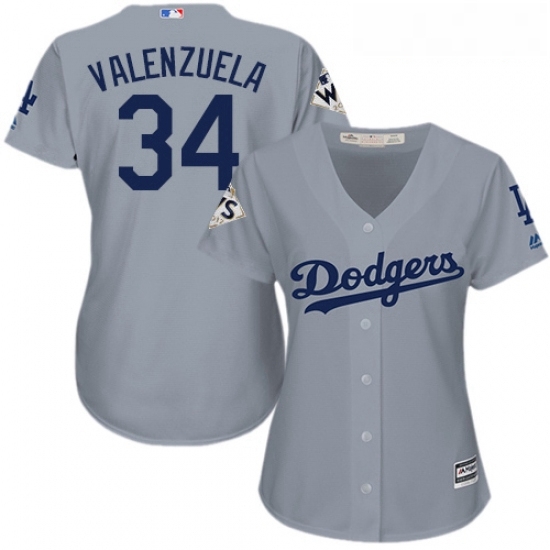 Womens Majestic Los Angeles Dodgers 34 Fernando Valenzuela Replica Grey Road 2017 World Series Bound Cool Base MLB Jersey Womens Majestic Los Angeles Dodgers 34 Fernando Valenzuela Replica Grey Road 2017 World Series Bound Cool Base MLB Jersey