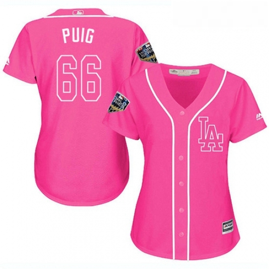 Womens Majestic Los Angeles Dodgers 66 Yasiel Puig Authentic Pink Fashion Cool Base 2018 World Series MLB Jersey Womens Majestic Los Angeles Dodgers 66 Yasiel Puig Authentic Pink Fashion Cool Base 2018 World Series MLB Jersey