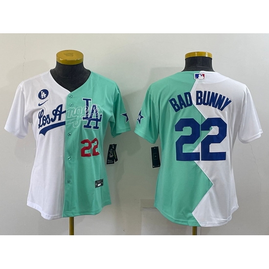 Youth Los Angeles Dodgers 22 Bad Bunny 2022 All Star White Green Split Stitched Jerseys 1 Youth Los Angeles Dodgers 22 Bad Bunny 2022 All Star White Green Split Stitched Jerseys 1