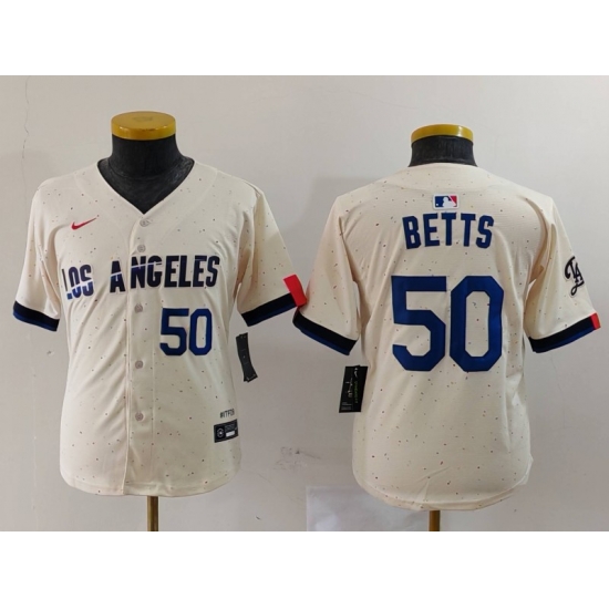 Youth Los Angeles Dodgers 50 Mookie Betts Cream 2024 City Connect Limited Stitched Baseball Jersey 2 Youth Los Angeles Dodgers 50 Mookie Betts Cream 2024 City Connect Limited Stitched Baseball Jersey 2