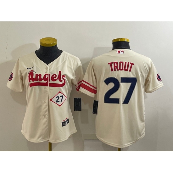 Women's Los Angeles Angels #27 Mike Trout Number Cream 2022 City Connect Cool Base Stitched Jersey Women's Los Angeles Angels #27 Mike Trout Number Cream 2022 City Connect Cool Base Stitched Jersey