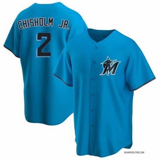 Men Miami Marlins #2 Jazz Chisholm Jr. Blue Cool Base Stitched Jersey Men Miami Marlins #2 Jazz Chisholm Jr. Blue Cool Base Stitched Jersey