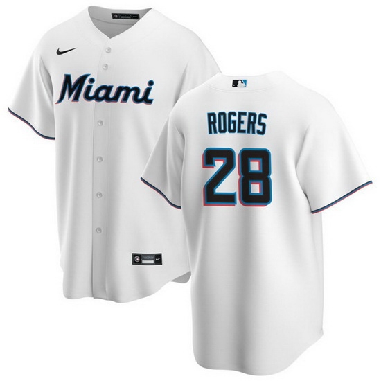 Men Miami Marlins 28 Trevor Rogers White Cool Base Stitched Baseball Jersey Men Miami Marlins 28 Trevor Rogers White Cool Base Stitched Baseball Jersey