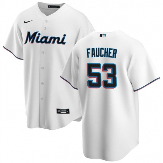 Men Miami Marlins 53 Calvin Faucher White Cool Base Stitched Baseball Jersey Men Miami Marlins 53 Calvin Faucher White Cool Base Stitched Baseball Jersey