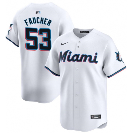 Men Miami Marlins 53 Calvin Faucher White Home Limited Stitched Baseball Jersey Men Miami Marlins 53 Calvin Faucher White Home Limited Stitched Baseball Jersey