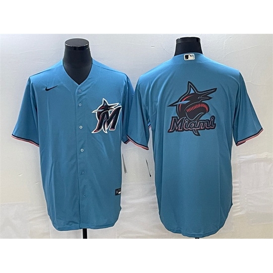 Men Miami Marlins Blue Team Big Logo Cool Base Stitched Baseball Jersey Men Miami Marlins Blue Team Big Logo Cool Base Stitched Baseball Jersey
