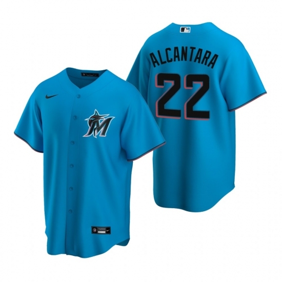 Mens Nike Miami Marlins 22 Sandy Alcantara Blue Alternate Stitched Baseball Jersey Mens Nike Miami Marlins 22 Sandy Alcantara Blue Alternate Stitched Baseball Jersey