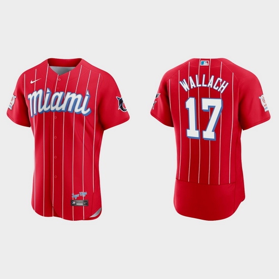 Miami Marlins 17 Chad Wallach Men Nike 2021 City Connect Authentic MLB Jersey Red Miami Marlins 17 Chad Wallach Men Nike 2021 City Connect Authentic MLB Jersey Red