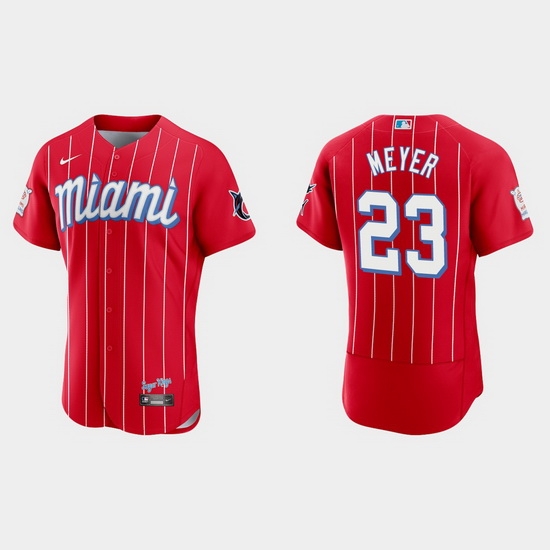 Miami Marlins 23 Max Meyer Men Nike 2021 City Connect Authentic MLB Jersey Red Miami Marlins 23 Max Meyer Men Nike 2021 City Connect Authentic MLB Jersey Red