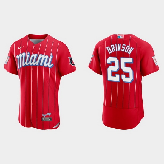 Miami Marlins 25 Lewis Brinson Men Nike 2021 City Connect Authentic MLB Jersey Red Miami Marlins 25 Lewis Brinson Men Nike 2021 City Connect Authentic MLB Jersey Red