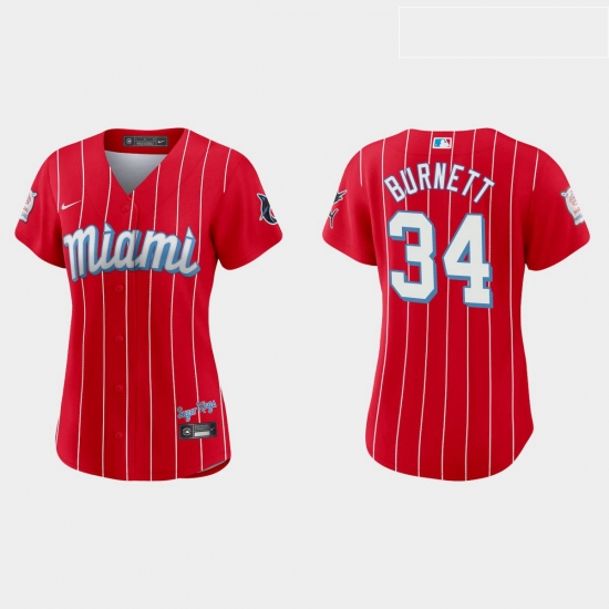 Miami Marlins 34 A J Burnett Women Nike 2021 City Connect Authentic MLB Jersey Red Miami Marlins 34 A J Burnett Women Nike 2021 City Connect Authentic MLB Jersey Red