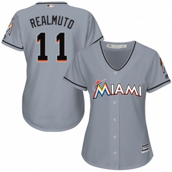 Womens Majestic Miami Marlins 11 J T Realmuto Replica Grey Road Cool Base MLB Jersey Womens Majestic Miami Marlins 11 J T Realmuto Replica Grey Road Cool Base MLB Jersey