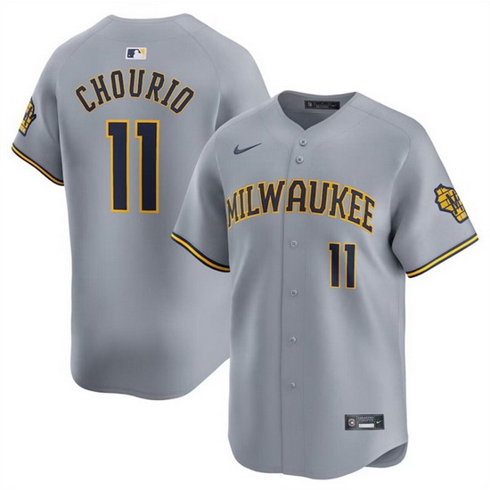 Men Milwaukee Brewers 11 Jackson Chourio Grey 2024 Away Limited Stitched Baseball Jersey Men Milwaukee Brewers 11 Jackson Chourio Grey 2024 Away Limited Stitched Baseball Jersey
