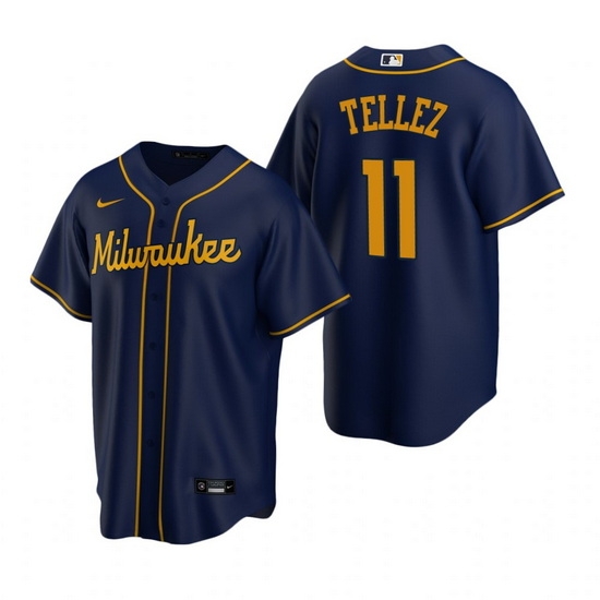 Men Milwaukee Brewers 11 Rowdy Tellez Navy Cool Base Stitched Jerse Men Milwaukee Brewers 11 Rowdy Tellez Navy Cool Base Stitched Jerse