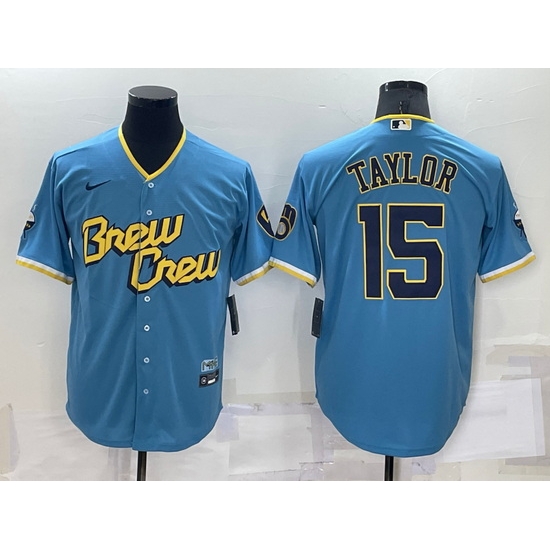 Men Milwaukee Brewers 15 Tyrone Taylor 2022 Powder Blue City Connect Cool Base Stitched Jersey