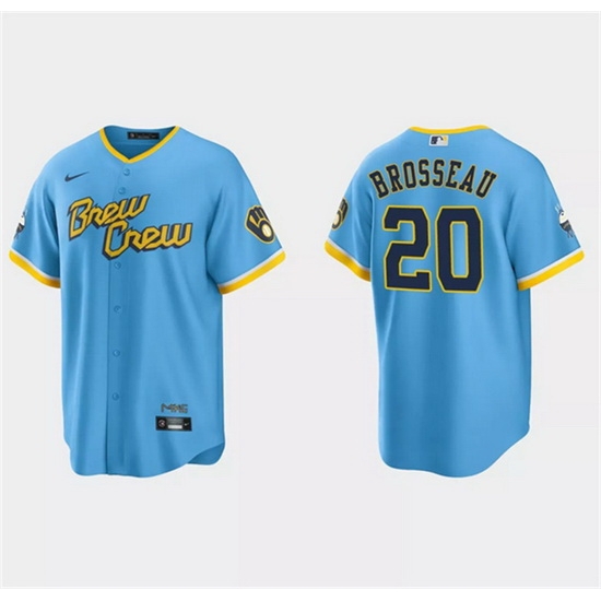 Men Milwaukee Brewers 20 Mike Brosseau Powder Blue 2022 City Connect Cool Base Stitched Jersey Men Milwaukee Brewers 20 Mike Brosseau Powder Blue 2022 City Connect Cool Base Stitched Jersey