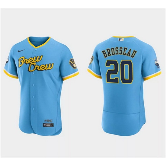 Men Milwaukee Brewers 20 Mike Brosseau Powder Blue 2022 City Connect Flex Base Stitched Baseball Jersey Men Milwaukee Brewers 20 Mike Brosseau Powder Blue 2022 City Connect Flex Base Stitched Baseball Jersey