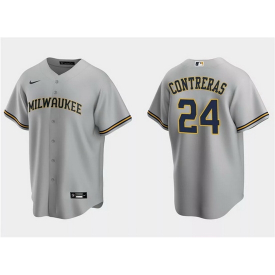 Men Milwaukee Brewers 24 William Contreras Grey Cool Base Stitched Jersey Men Milwaukee Brewers 24 William Contreras Grey Cool Base Stitched Jersey