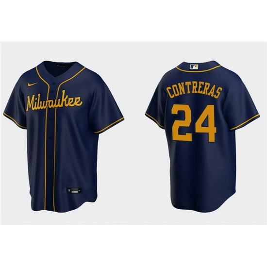 Men Milwaukee Brewers 24 William Contreras Navy Cool Base Stitched Jersey Men Milwaukee Brewers 24 William Contreras Navy Cool Base Stitched Jersey