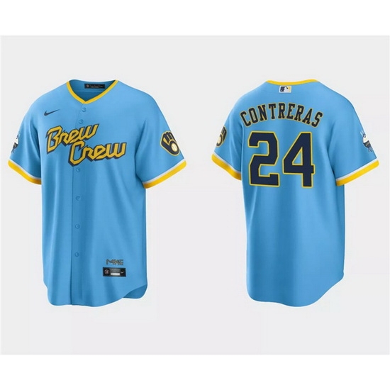 Men Milwaukee Brewers 24 William Contreras Powder Blue 2022 City Connect Cool Base Stitched Jersey Men Milwaukee Brewers 24 William Contreras Powder Blue 2022 City Connect Cool Base Stitched Jersey