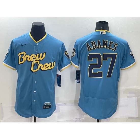 Men Milwaukee Brewers 27 Willy Adames 2022 Powder Blue City Connect Flex Base Stitched Jersey Men Milwaukee Brewers 27 Willy Adames 2022 Powder Blue City Connect Flex Base Stitched Jersey