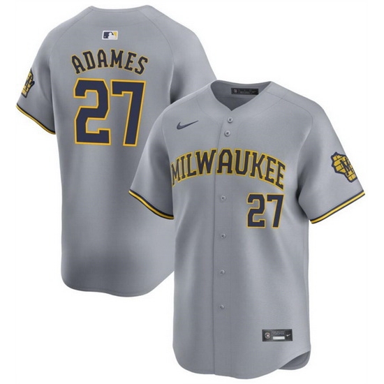 Men Milwaukee Brewers 27 Willy Adames Grey 2024 Away Limited Stitched Baseball Jersey Men Milwaukee Brewers 27 Willy Adames Grey 2024 Away Limited Stitched Baseball Jersey