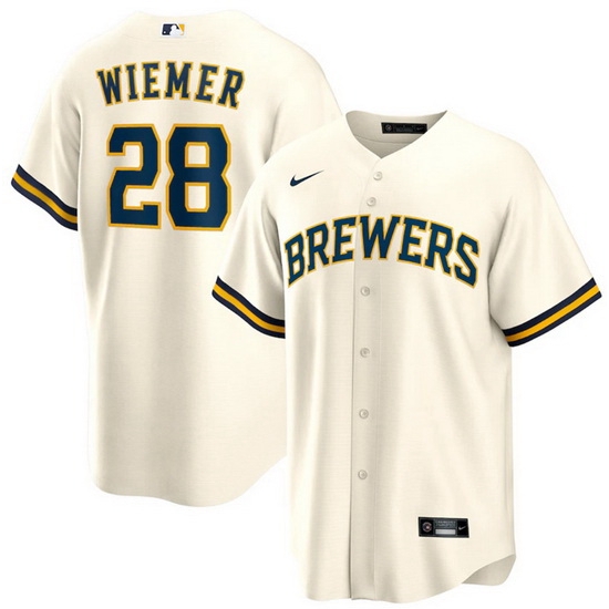 Men Milwaukee Brewers 28 Joey Wiemer Cream Cool Base Stitched Jersey Men Milwaukee Brewers 28 Joey Wiemer Cream Cool Base Stitched Jersey