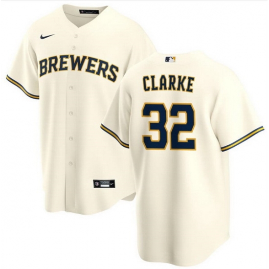 Men Milwaukee Brewers 32 Taylor Clarke Cream Cool Base Stitched Jersey Men Milwaukee Brewers 32 Taylor Clarke Cream Cool Base Stitched Jersey