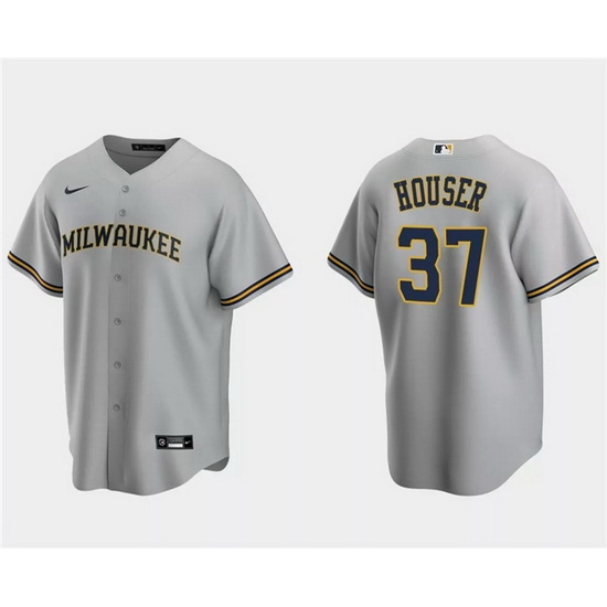 Men Milwaukee Brewers 37 Adrian Houser Grey Cool Base Stitched Jersey Men Milwaukee Brewers 37 Adrian Houser Grey Cool Base Stitched Jersey