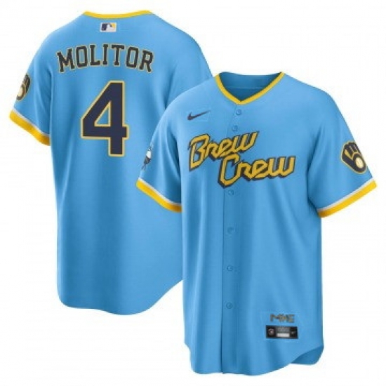 Men Milwaukee Brewers 4 Paul Molitor 2022 Powder Blue City Connect Cool Base Stitched Jersey Men Milwaukee Brewers 4 Paul Molitor 2022 Powder Blue City Connect Cool Base Stitched Jersey