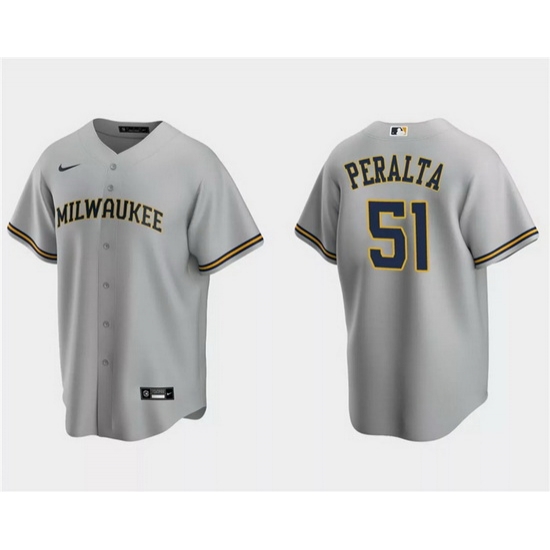 Men Milwaukee Brewers 51 Freddy Peralta Grey Cool Base Stitched Jersey Men Milwaukee Brewers 51 Freddy Peralta Grey Cool Base Stitched Jersey