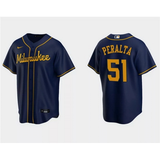 Men Milwaukee Brewers 51 Freddy Peralta Navy Cool Base Stitched Jersey Men Milwaukee Brewers 51 Freddy Peralta Navy Cool Base Stitched Jersey