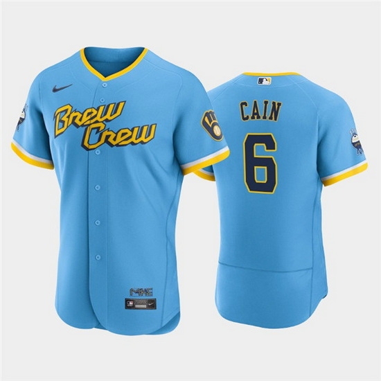 Men Milwaukee Brewers 6 Lorenzo Cain Powder Blue 2022 City Connect Flex Base Stitched MLB Jersey Men Milwaukee Brewers 6 Lorenzo Cain Powder Blue 2022 City Connect Flex Base Stitched MLB Jersey