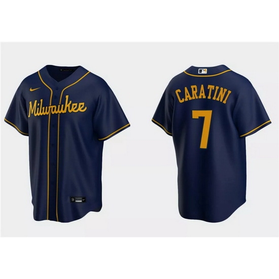 Men Milwaukee Brewers 7 Victor Caratini Navy Cool Base Stitched Jersey Men Milwaukee Brewers 7 Victor Caratini Navy Cool Base Stitched Jersey