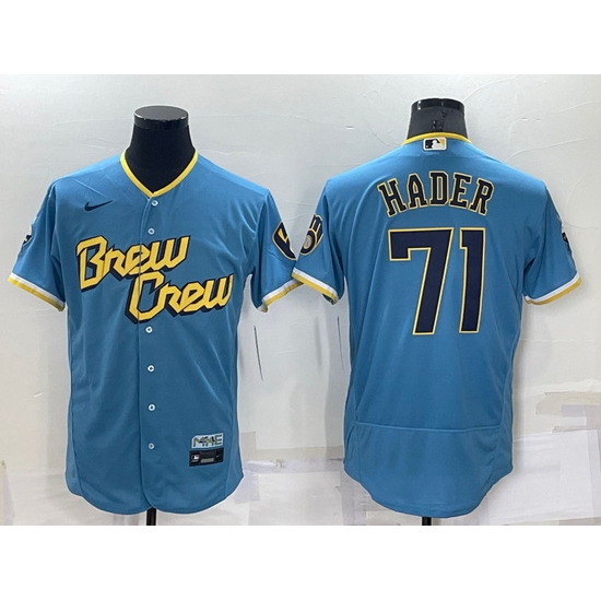 Men Milwaukee Brewers 71 Josh Hader 2022 Powder Blue City Connect Flex Base Stitched Jersey Men Milwaukee Brewers 71 Josh Hader 2022 Powder Blue City Connect Flex Base Stitched Jersey