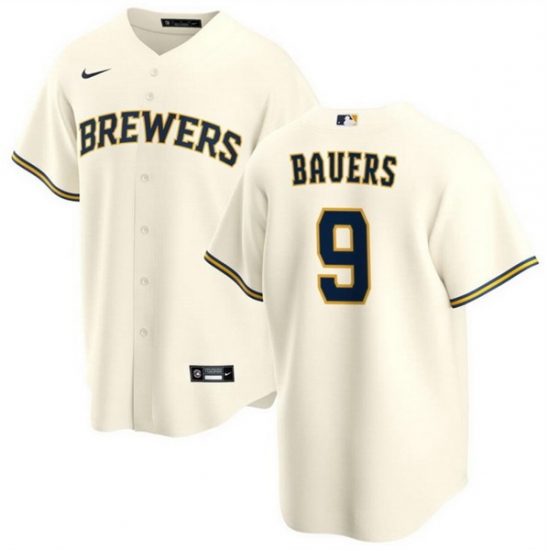 Men Milwaukee Brewers 9 Jake Bauers Cream Cool Base Stitched Jersey Men Milwaukee Brewers 9 Jake Bauers Cream Cool Base Stitched Jersey