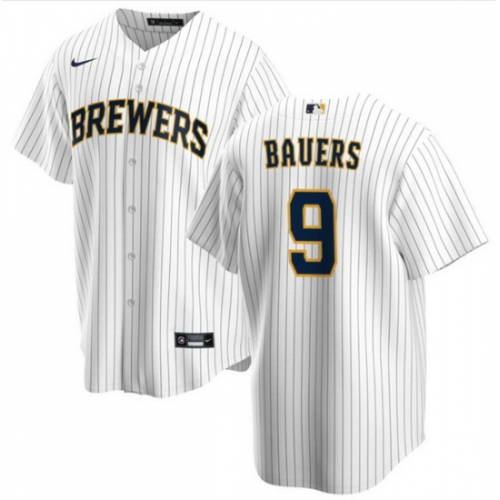 Men Milwaukee Brewers 9 Jake Bauers White Cool Base Stitched Jersey Men Milwaukee Brewers 9 Jake Bauers White Cool Base Stitched Jersey