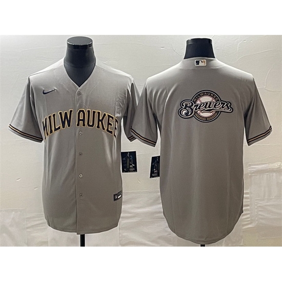 Men Milwaukee Brewers Gray Team Big Logo Cool Base Stitched Jersey Men Milwaukee Brewers Gray Team Big Logo Cool Base Stitched Jersey