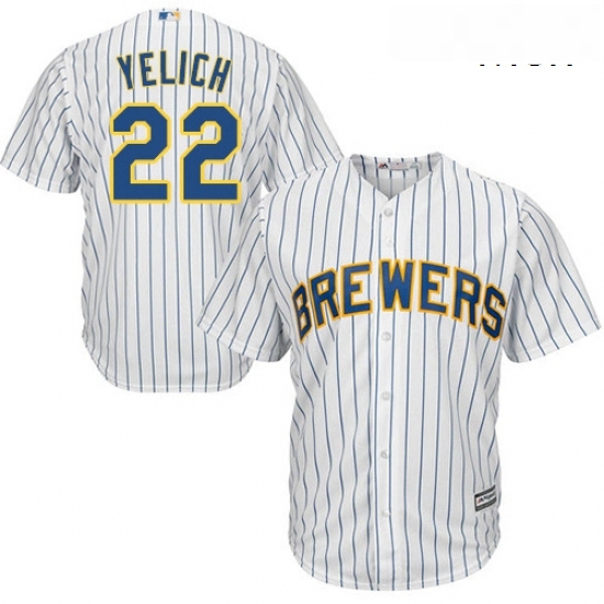 Mens Milwaukee Brewers 22 Christian Yelich WhiteBlue Strip New Cool Base Stitched MLB Jersey Mens Milwaukee Brewers 22 Christian Yelich WhiteBlue Strip New Cool Base Stitched MLB Jersey