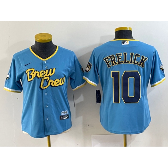 Women Milwaukee Brewers 10 Sal Frelick Powder Blue City Connect Cool Base Stitched Jersey Women Milwaukee Brewers 10 Sal Frelick Powder Blue City Connect Cool Base Stitched Jersey