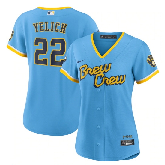 Women Milwaukee Brewers 22 Christian Yelich 2022 Powder Blue City Connect Cool Base Stitched Jersey Women Milwaukee Brewers 22 Christian Yelich 2022 Powder Blue City Connect Cool Base Stitched Jersey