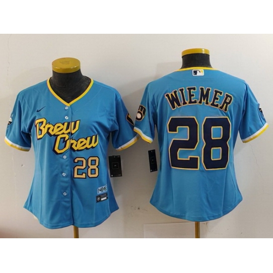 Women Milwaukee Brewers 28 Joey Wiemer Powder Blue City Connect Cool Base Stitched Jersey 2 Women Milwaukee Brewers 28 Joey Wiemer Powder Blue City Connect Cool Base Stitched Jersey 2
