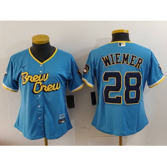 Women Milwaukee Brewers 28 Joey Wiemer Powder Blue City Connect Cool Base Stitched Jersey Women Milwaukee Brewers 28 Joey Wiemer Powder Blue City Connect Cool Base Stitched Jersey