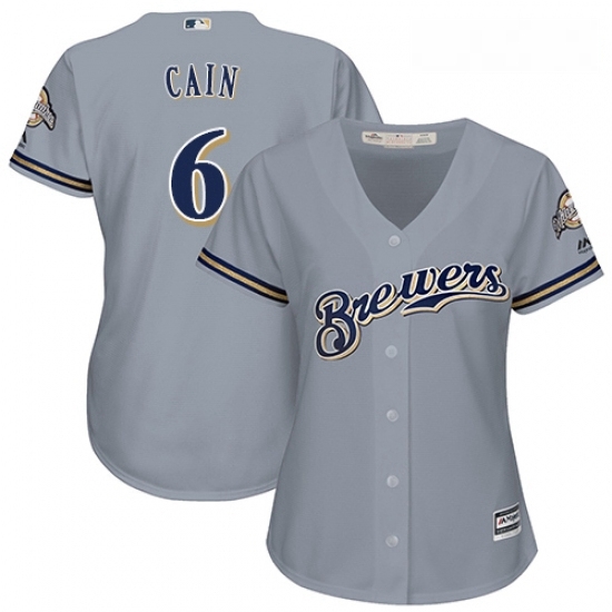 Womens Majestic Milwaukee Brewers 6 Lorenzo Cain Replica Grey Road Cool Base MLB Jersey 